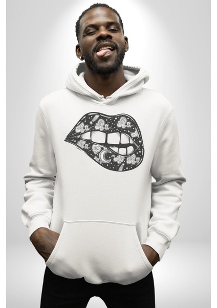 Ay Yıldız Dudak Bulut Dövme Kadın Erkek Beyaz Kapüşonlu Sweatshirt Hoodie