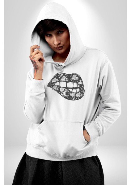 Ay Yıldız Dudak Bulut Dövme Kadın Erkek Beyaz Kapüşonlu Sweatshirt Hoodie