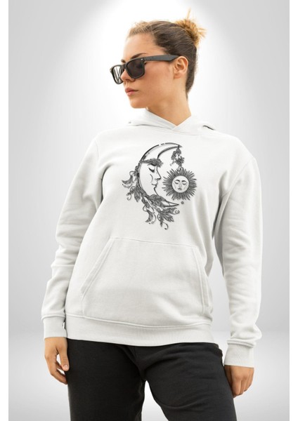 Ay Güneş Astroloji Aşk Estetik Kadın Erkek Beyaz Kapüşonlu Sweatshirt Hoodie