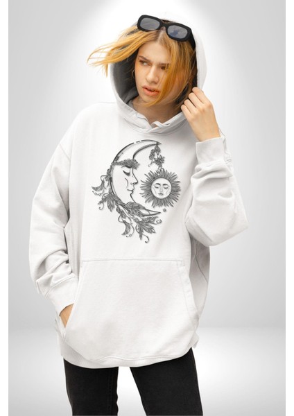 Ay Güneş Astroloji Aşk Estetik Kadın Erkek Beyaz Kapüşonlu Sweatshirt Hoodie fırsatları