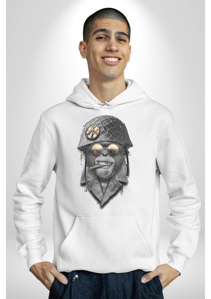 Asker Goril Komutan Kadın Erkek Beyaz Kapüşonlu Sweatshirt Hoodie