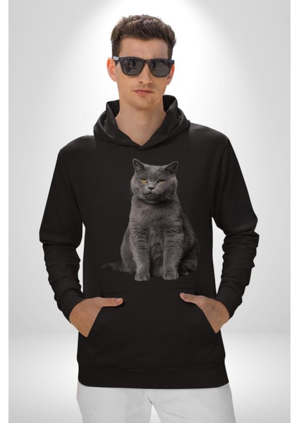 British Shorthair Kedi Kadın Erkek Siyah Kapüşonlu Sweatshirt Hoodie fiyatları