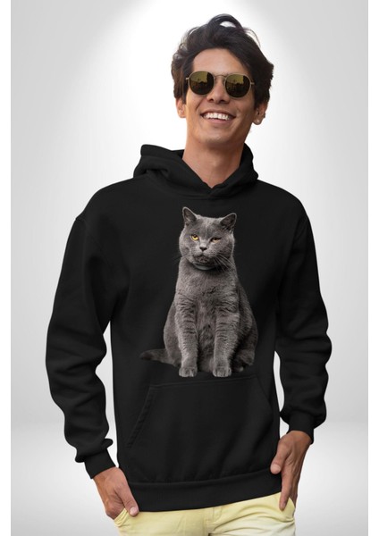 British Shorthair Kedi Kadın Erkek Siyah Kapüşonlu Sweatshirt Hoodie fırsatları