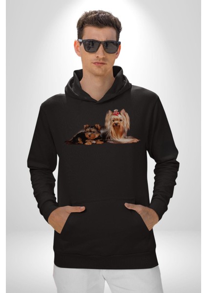 Yorkshire Teacup ve Anne Köpek Kadın Erkek Siyah Kapüşonlu Sweatshirt Hoodie