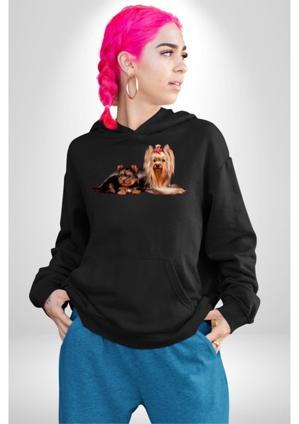Yorkshire Teacup ve Anne Köpek Kadın Erkek Siyah Kapüşonlu Sweatshirt Hoodie fiyatları