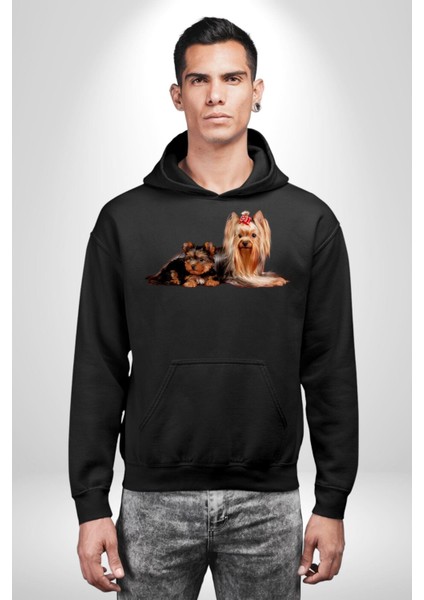 Yorkshire Teacup ve Anne Köpek Kadın Erkek Siyah Kapüşonlu Sweatshirt Hoodie fırsatları