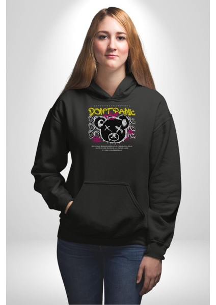 Panik Yok Teddy Kadın Erkek Siyah Kapüşonlu Sweatshirt Hoodie