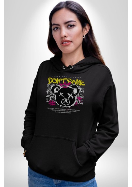 Panik Yok Teddy Kadın Erkek Siyah Kapüşonlu Sweatshirt Hoodie