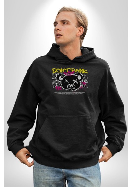 Panik Yok Teddy Kadın Erkek Siyah Kapüşonlu Sweatshirt Hoodie