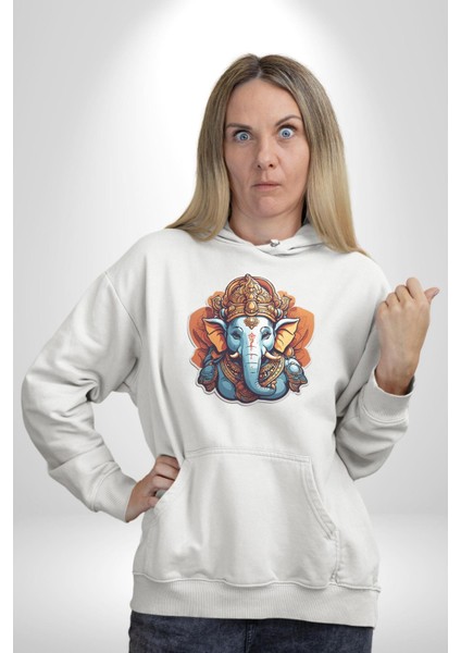 Hindu Fil Bereket Tanrısı Kadın Erkek Beyaz Kapüşonlu Sweatshirt Hoodie fiyatları