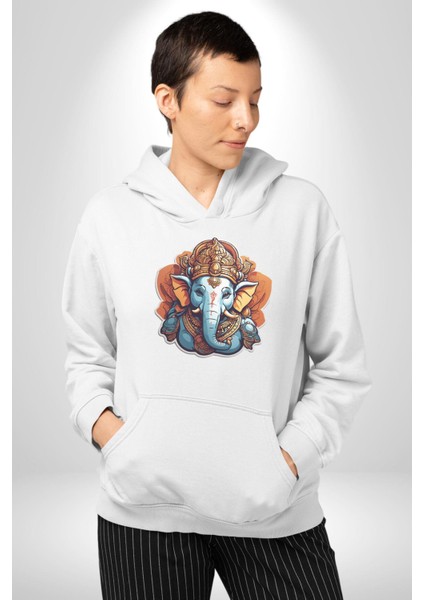 Hindu Fil Bereket Tanrısı Kadın Erkek Beyaz Kapüşonlu Sweatshirt Hoodie modelleri