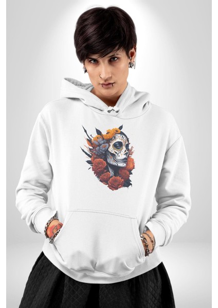Maske Dövmeli Çiçekli Kız Kadın Erkek Beyaz Kapüşonlu Sweatshirt Hoodie