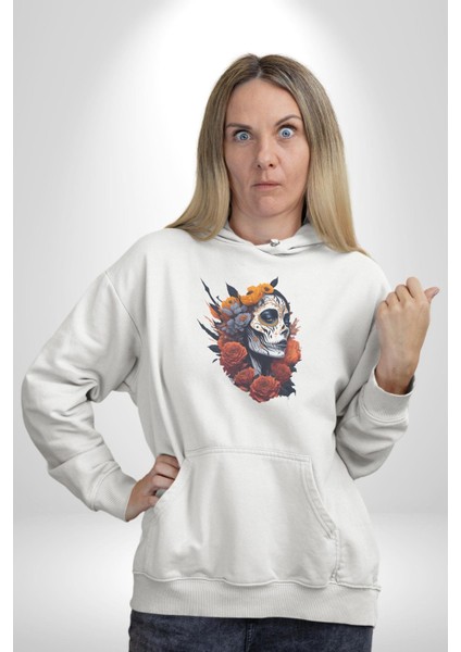 Maske Dövmeli Çiçekli Kız Kadın Erkek Beyaz Kapüşonlu Sweatshirt Hoodie modelleri