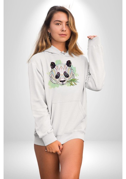 Panda Mandala Kadın Erkek Beyaz Kapüşonlu Sweatshirt Hoodie