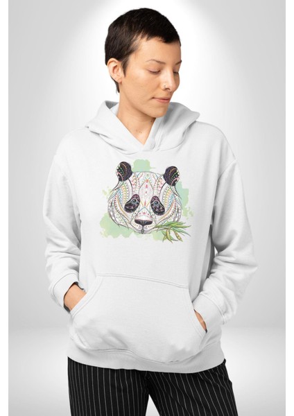 Panda Mandala Kadın Erkek Beyaz Kapüşonlu Sweatshirt Hoodie