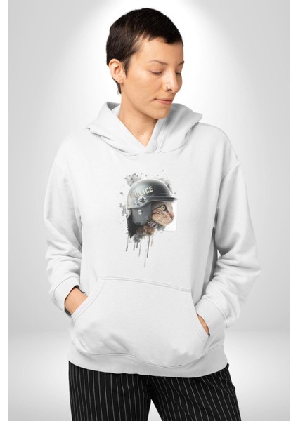 Kaket Polis Kedi Kadın Erkek Beyaz Kapüşonlu Sweatshirt Hoodie modelleri