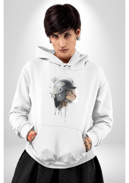 Kaket Polis Kedi Kadın Erkek Beyaz Kapüşonlu Sweatshirt Hoodie fırsatları