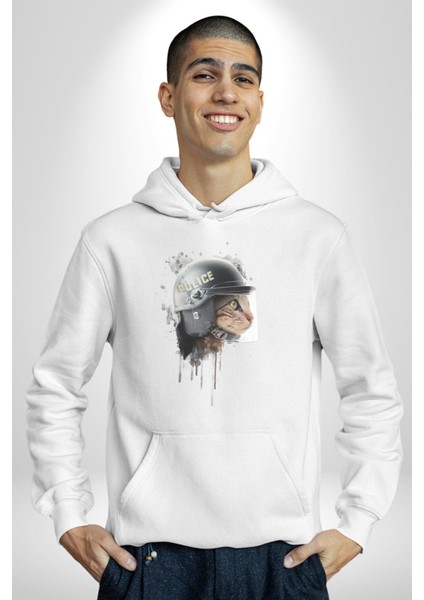 Kaket Polis Kedi Kadın Erkek Beyaz Kapüşonlu Sweatshirt Hoodie indirimleri