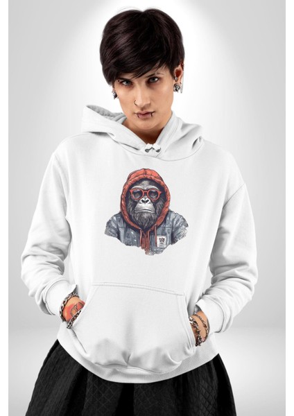 Kırmızı Gözlük Çeket Maymun Kadın Erkek Beyaz Kapüşonlu Sweatshirt Hoodie fiyatları