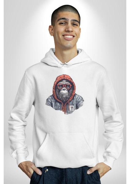 Kırmızı Gözlük Çeket Maymun Kadın Erkek Beyaz Kapüşonlu Sweatshirt Hoodie modelleri