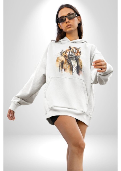 Cool Yakışıklı Kapüşonlu Spor Kaplan Kadın Erkek Beyaz Kapüşonlu Sweatshirt Hoodie