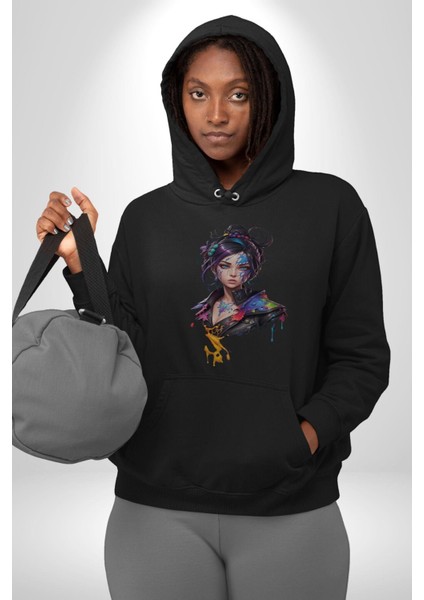 Süper Robot Kız Sulu Boya Kadın Erkek Siyah Kapüşonlu Sweatshirt Hoodie