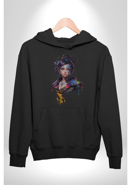 Süper Robot Kız Sulu Boya Kadın Erkek Siyah Kapüşonlu Sweatshirt Hoodie