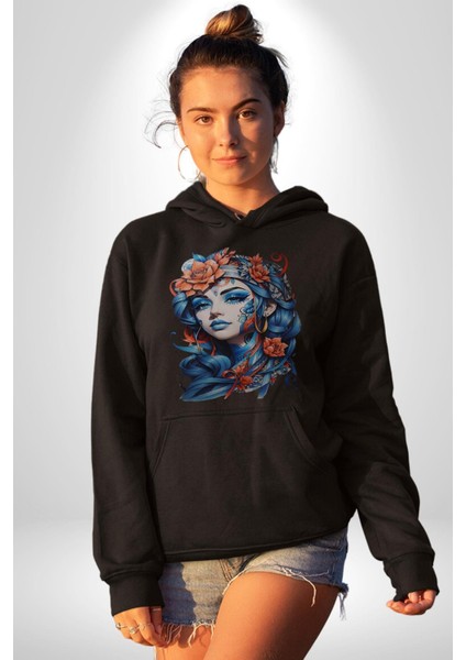 Kızlar Modası Dövme Çiçek Kadın Erkek Siyah Kapüşonlu Sweatshirt Hoodie