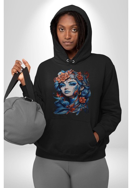 Kızlar Modası Dövme Çiçek Kadın Erkek Siyah Kapüşonlu Sweatshirt Hoodie