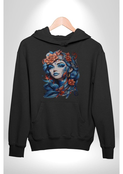 Kızlar Modası Dövme Çiçek Kadın Erkek Siyah Kapüşonlu Sweatshirt Hoodie