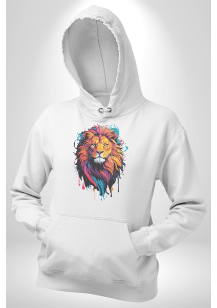 Renkli Yağlı Boya Aslan Kadın Erkek Beyaz Kapüşonlu Sweatshirt Hoodie
