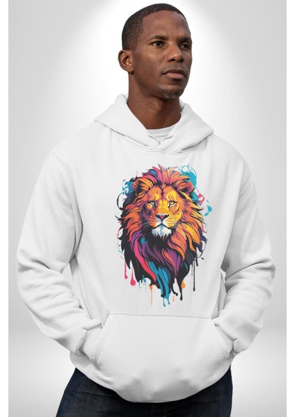 Renkli Yağlı Boya Aslan Kadın Erkek Beyaz Kapüşonlu Sweatshirt Hoodie