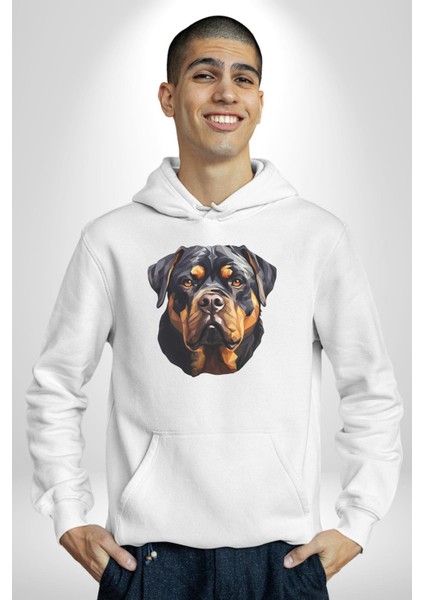 Rottweiler Kafası Kadın Erkek Beyaz Kapüşonlu Sweatshirt Hoodie fırsatları