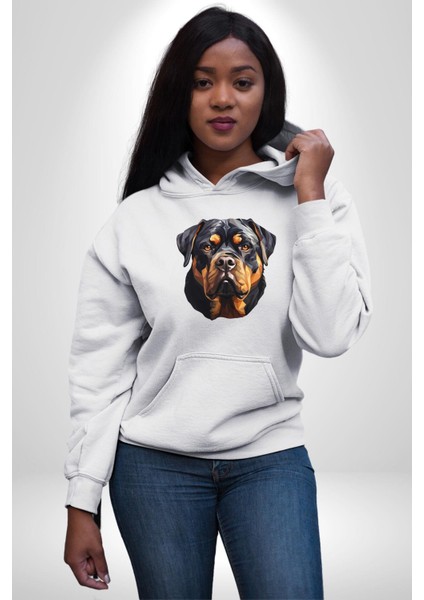 Rottweiler Kafası Kadın Erkek Beyaz Kapüşonlu Sweatshirt Hoodie indirimleri