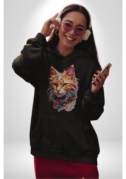 Hayvan Kedi Sanat Potre Kadın Erkek Siyah Kapüşonlu Sweatshirt Hoodie
