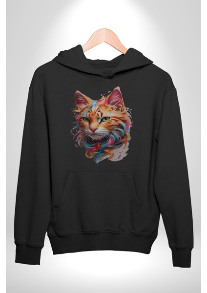 Hayvan Kedi Sanat Potre Kadın Erkek Siyah Kapüşonlu Sweatshirt Hoodie fırsatları