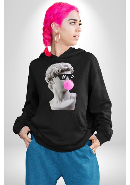 Gözlüklü David'in Kafasının Alçı Heykeli Kadın Erkek Siyah Kapüşonlu Sweatshirt Hoodie