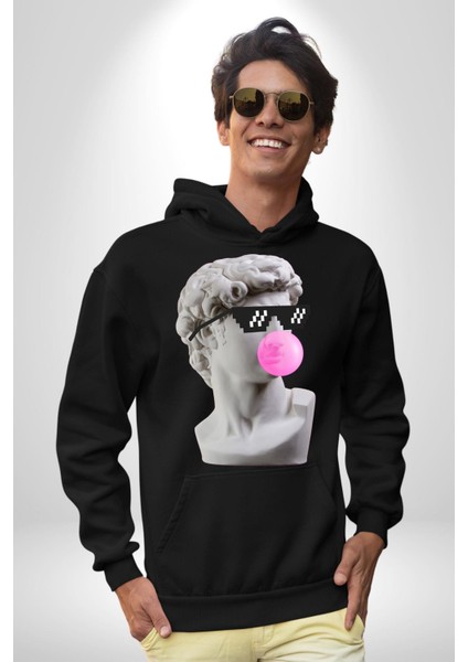 Gözlüklü David'in Kafasının Alçı Heykeli Kadın Erkek Siyah Kapüşonlu Sweatshirt Hoodie