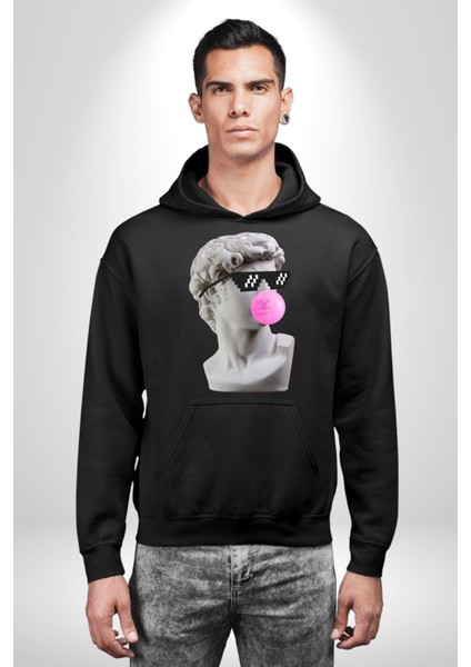 Gözlüklü David'in Kafasının Alçı Heykeli Kadın Erkek Siyah Kapüşonlu Sweatshirt Hoodie