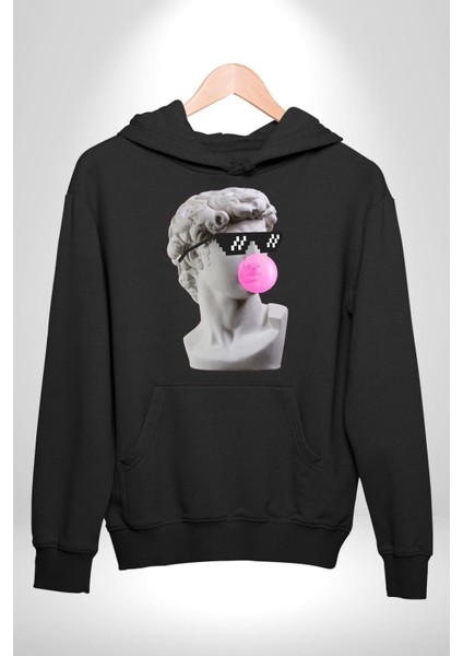Gözlüklü David'in Kafasının Alçı Heykeli Kadın Erkek Siyah Kapüşonlu Sweatshirt Hoodie