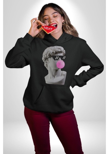 Gözlüklü David'in Kafasının Alçı Heykeli Kadın Erkek Siyah Kapüşonlu Sweatshirt Hoodie