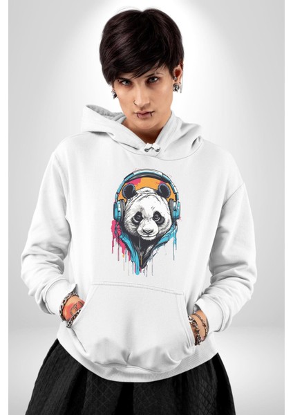 Kulaklık Ayı Panda Kadın Erkek Beyaz Kapüşonlu Sweatshirt Hoodie