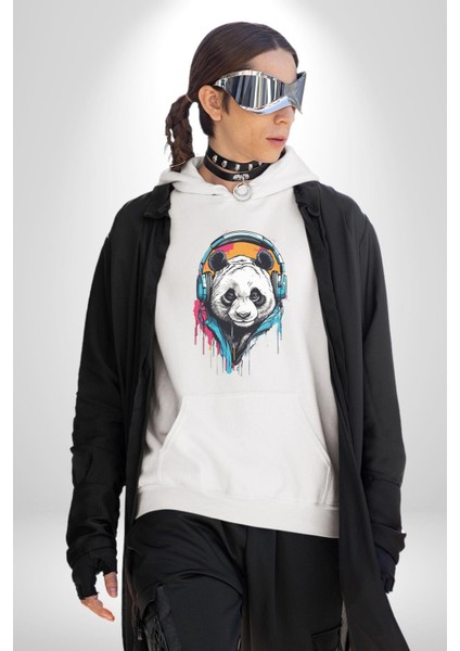 Kulaklık Ayı Panda Kadın Erkek Beyaz Kapüşonlu Sweatshirt Hoodie fırsatları