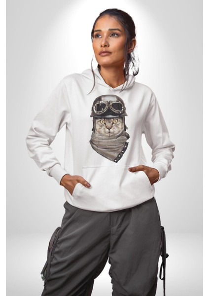 Kasket Bandana Motorcu Kedi Kadın Erkek Beyaz Kapüşonlu Sweatshirt Hoodie