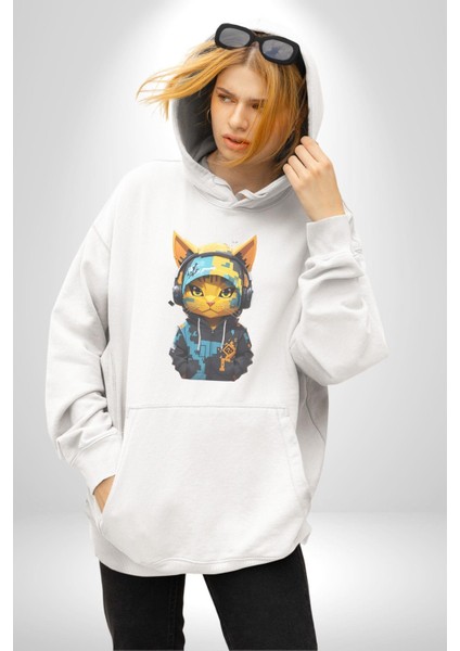 Bandana Kedi Kulaklık Çeket Kadın Erkek Beyaz Kapüşonlu Sweatshirt Hoodie