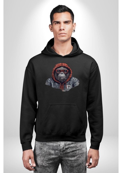 Kırmızı Gözlük Çeket Maymun Kadın Erkek Siyah Kapüşonlu Sweatshirt Hoodie