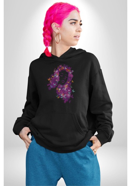 Kelebekler Kanser Günü ve Kadınlar Günü Kadın Erkek Siyah Kapüşonlu Sweatshirt Hoodie