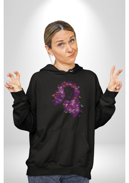Kelebekler Kanser Günü ve Kadınlar Günü Kadın Erkek Siyah Kapüşonlu Sweatshirt Hoodie