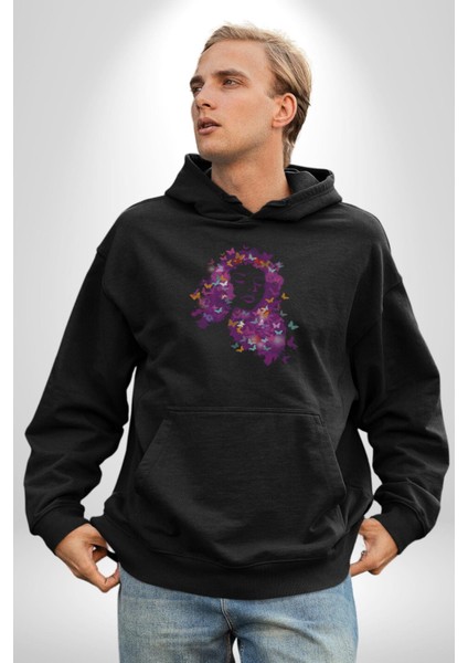 Kelebekler Kanser Günü ve Kadınlar Günü Kadın Erkek Siyah Kapüşonlu Sweatshirt Hoodie