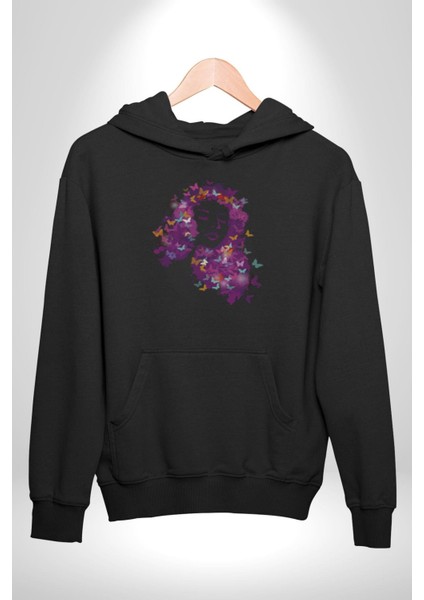 Kelebekler Kanser Günü ve Kadınlar Günü Kadın Erkek Siyah Kapüşonlu Sweatshirt Hoodie